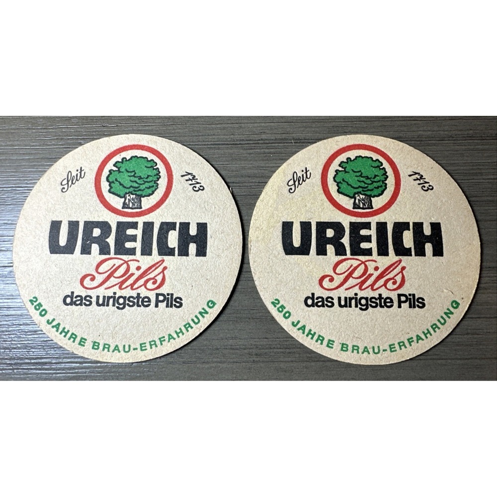Set of Two Ureich Pils Eichbaum Oak Tree 4.25 Inch Round Beer Coasters